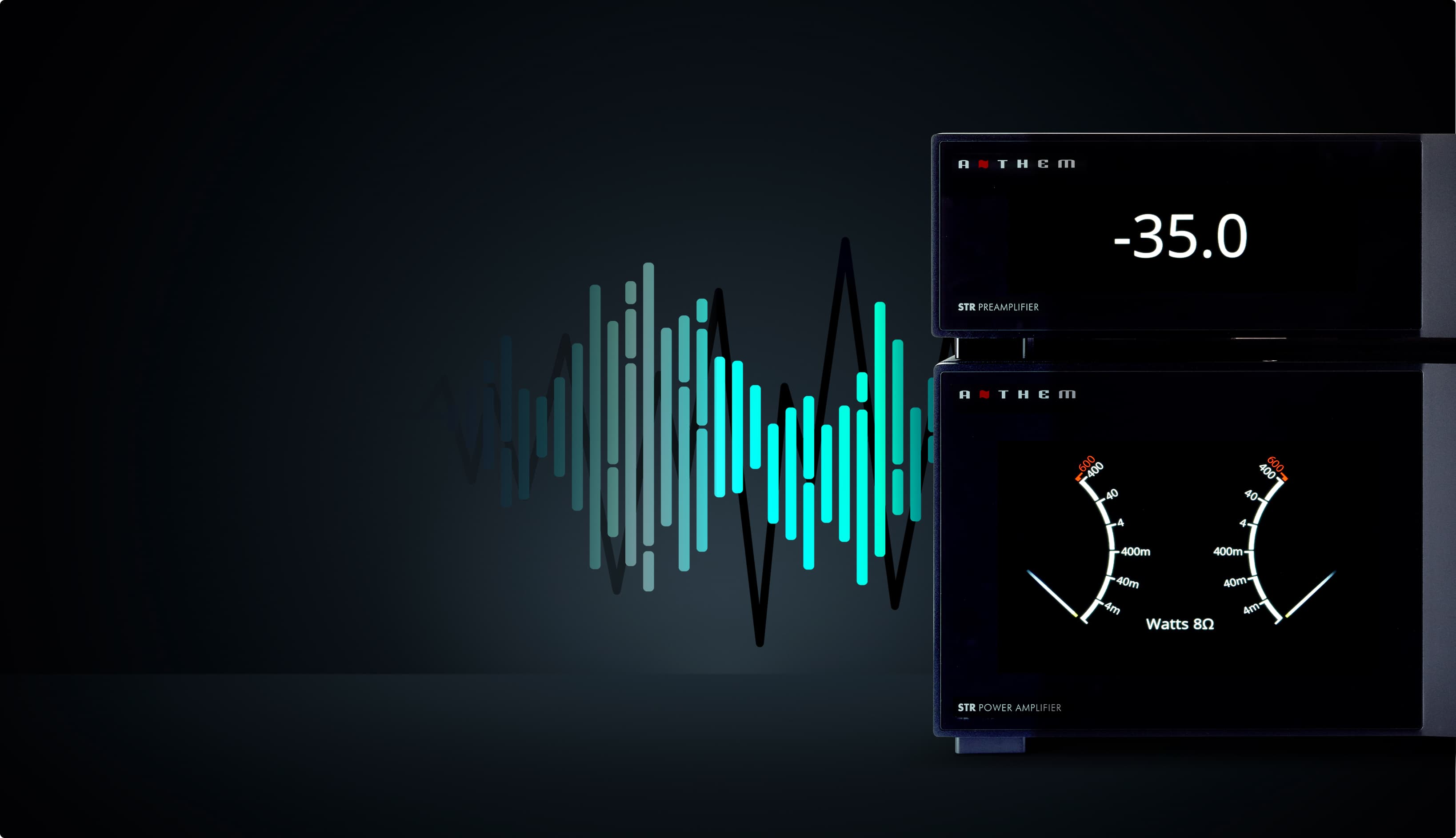 STR Preamplifier and Amplifier front panel close-up showing display and indicators