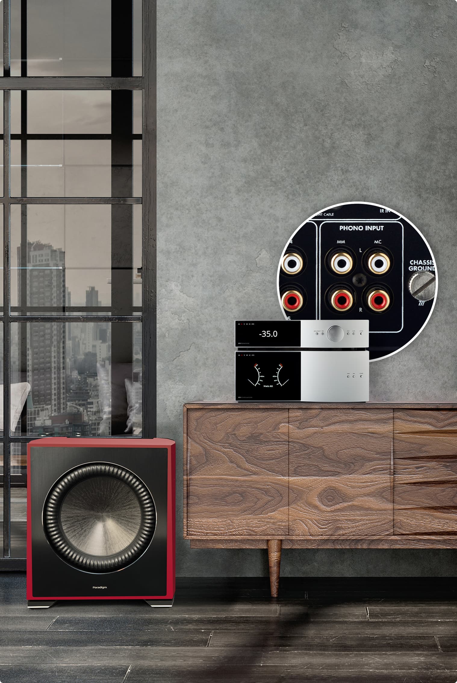 STR Preamplifier and Amplifier in silver alongside Paradigm XR-13 Ruby Frostbite speakers with walnut cabinets